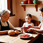 **Image Prompt:** A warm, inviting Ukrainian kitchen filled with the aroma of traditional dishes. A large wooden table is surrounded by family members of all ages, sharing a meal of borscht and varenyky. The grandmother is lovingly teaching a young child how to prepare varenyky, with sunlight streaming through the window. The atmosphere is filled with laughter, conversation, and a strong sense of family. Focus on the cozy, lived-in details of the kitchen and the genuine connection between family members.