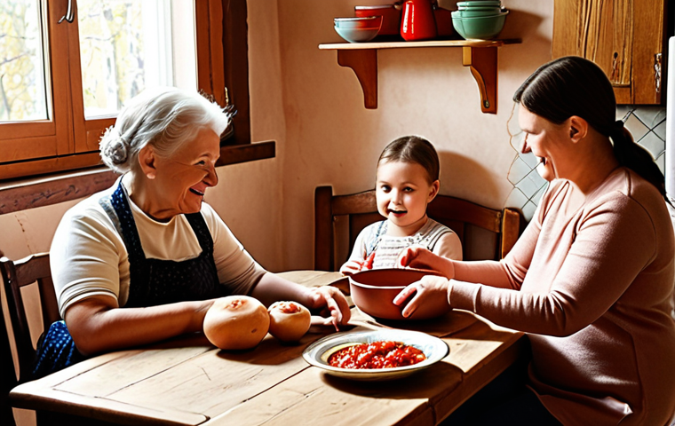 **Image Prompt:** A warm, inviting Ukrainian kitchen filled with the aroma of traditional dishes. A large wooden table is surrounded by family members of all ages, sharing a meal of borscht and varenyky. The grandmother is lovingly teaching a young child how to prepare varenyky, with sunlight streaming through the window. The atmosphere is filled with laughter, conversation, and a strong sense of family. Focus on the cozy, lived-in details of the kitchen and the genuine connection between family members.
